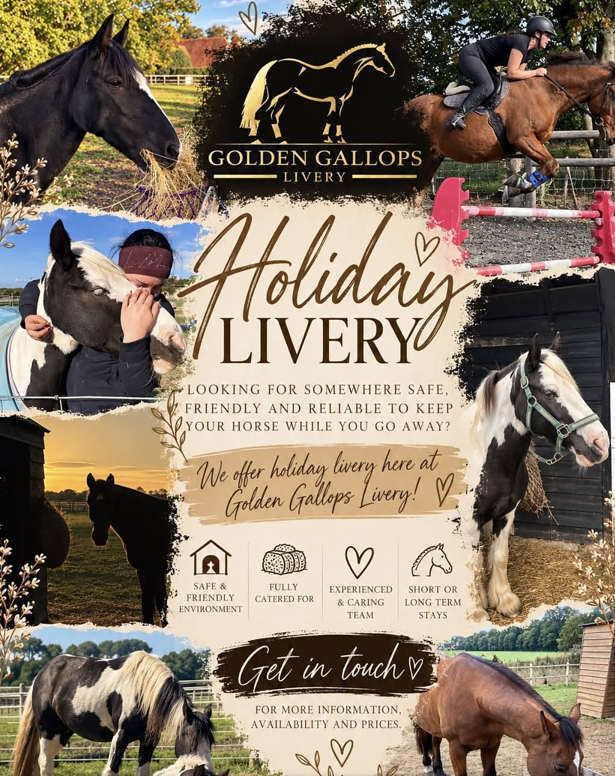 Golden Gallops holiday livery flyer with photos of horses at the yard
